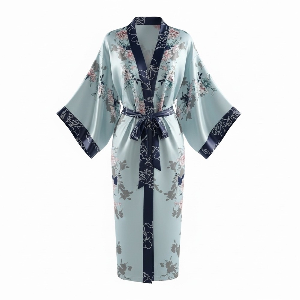 In Bloom by Jonquil Aqua Floral Satin Kimono Robe M/L CLL135 NEW